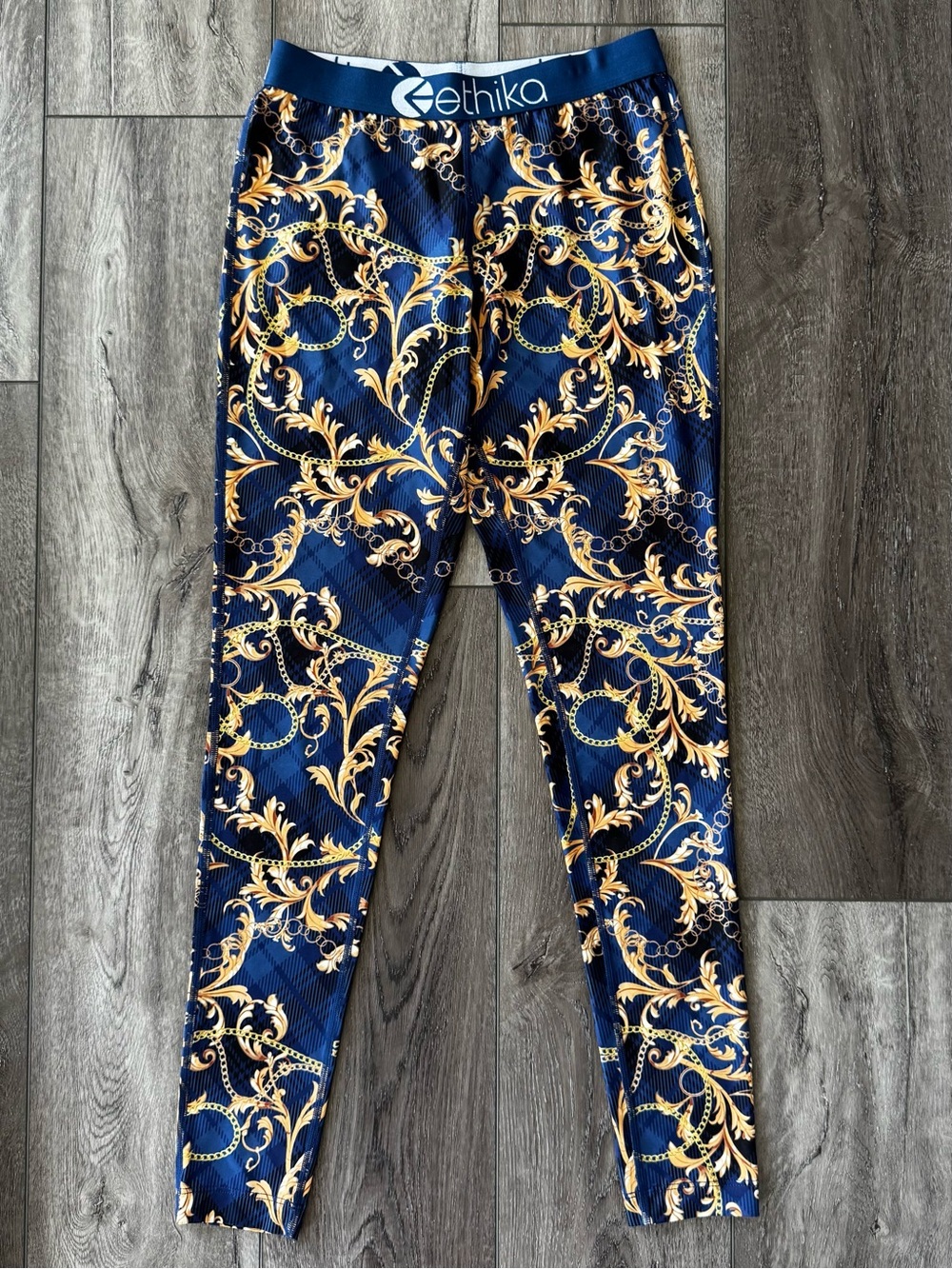 Ethika Women’s Tights SMALL Mid-Rise Full Length Stretch Blue/Gold Chain Baroque